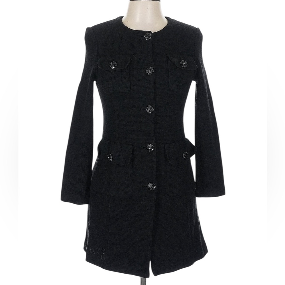 St. John Caviar Black Wool Blend Long line Cardigan Blazer Coat Size 10